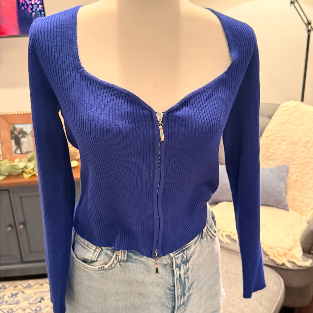 Blue Ribbed Zip-Up Sweater